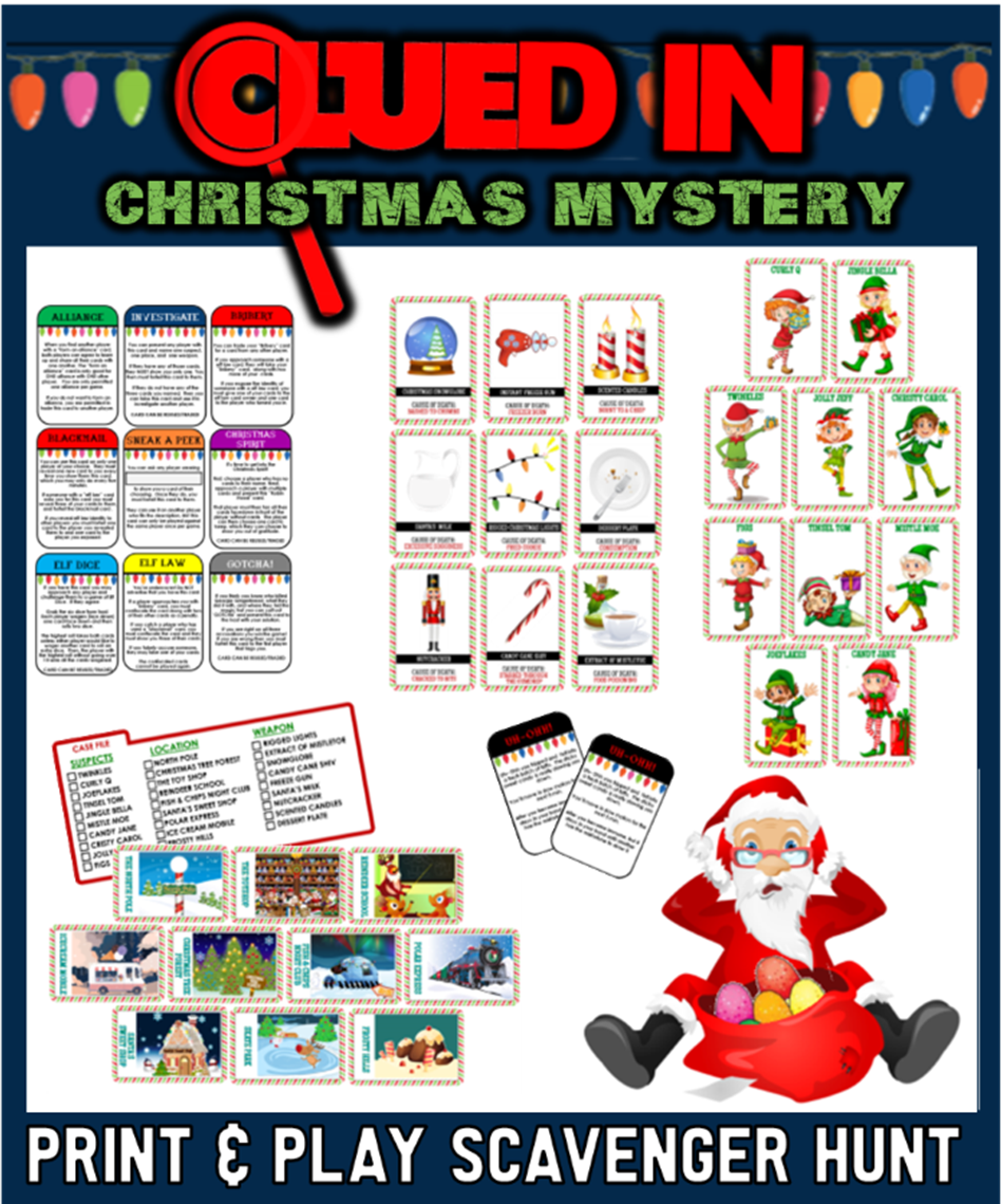clued-in murder mystery christmas scavenger hunt -printable party